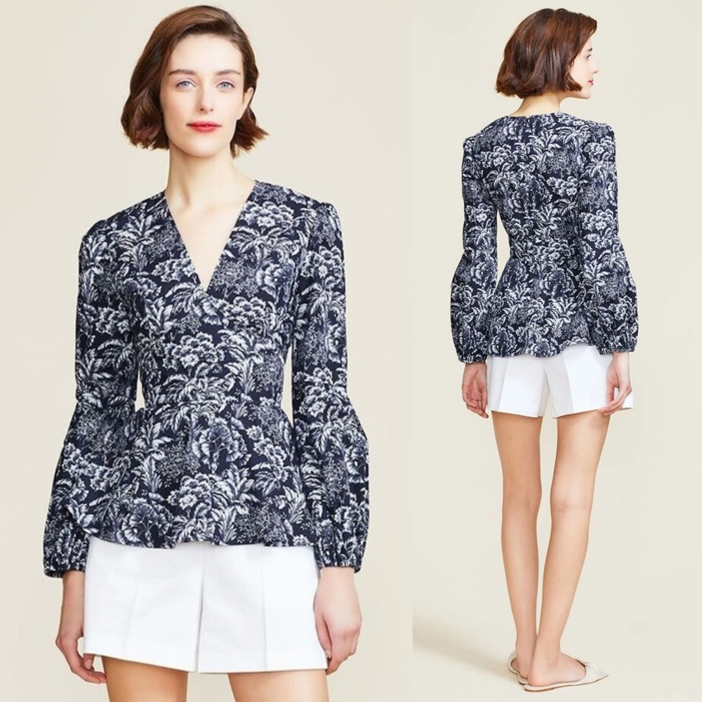 Pearl by Lela Rose Navy White Floral Cotton Poplin Peplum Top Size 2